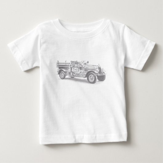 ヴィンテージの消防車の鉛筆画 消防士のイラスト ベビーTシャツ (正面)