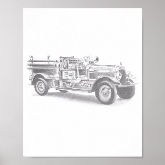 ヴィンテージの消防車の鉛筆画 消防士のイラスト ポスター (正面)