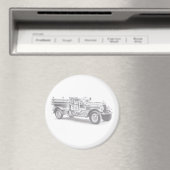 ヴィンテージの消防車の鉛筆画 消防士のイラスト マグネット (インサイチュ (食洗機))