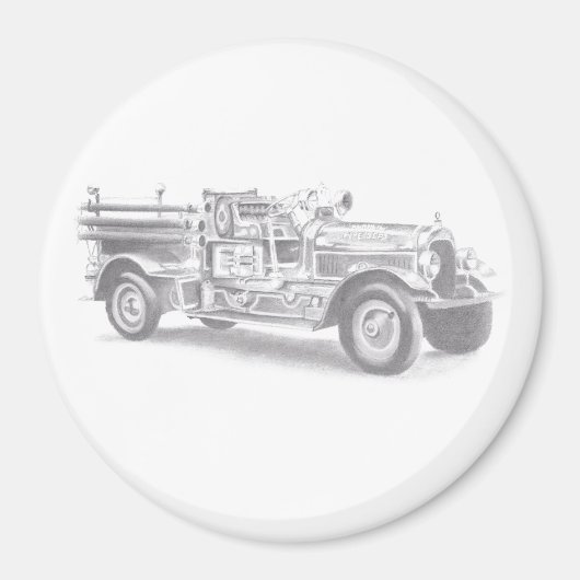 ヴィンテージの消防車の鉛筆画 消防士のイラスト マグネット (正面)