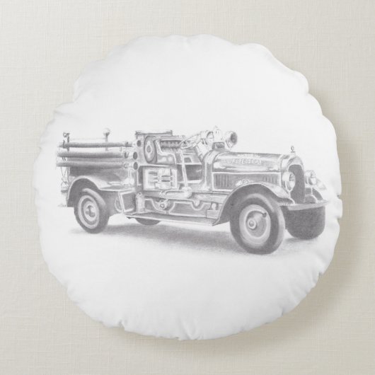 ヴィンテージの消防車の鉛筆画 消防士のイラスト ラウンドクッション (正面)