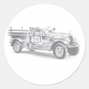 ヴィンテージの消防車の鉛筆画 消防士のイラスト  ラウンドシール