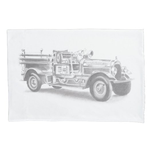 ヴィンテージの消防車の鉛筆画 消防士のイラスト 枕カバー (正面)