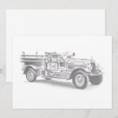 ヴィンテージの消防車の鉛筆画 消防士のイラスト 案内状 (正面/裏面)