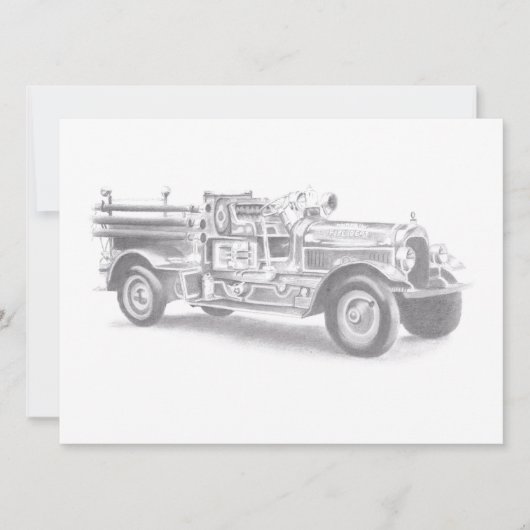ヴィンテージの消防車の鉛筆画 消防士のイラスト 案内状 (正面)