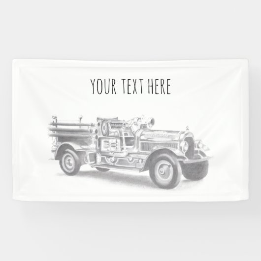 ヴィンテージの消防車の鉛筆画 消防士のイラスト 横断幕 (横)