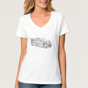 ヴィンテージの消防車の鉛筆画 消防士のイラスト  Tシャツ