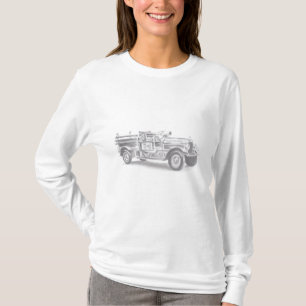 ヴィンテージの消防車の鉛筆画 消防士のイラスト Tシャツ