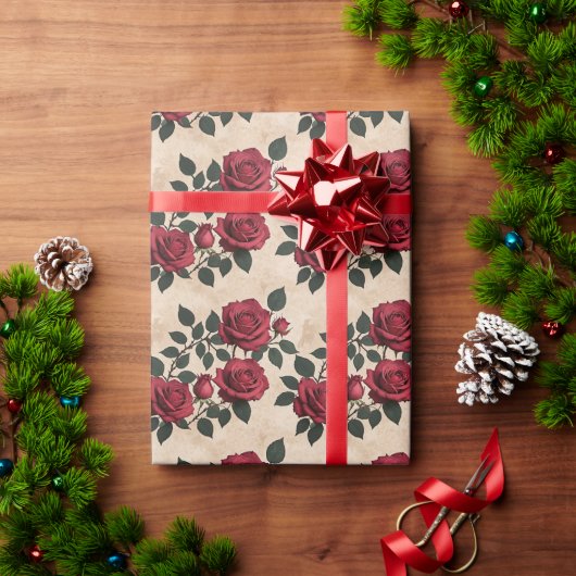 ヴィンテージの深紅のバラ  ラッピングペーパー (クリスマスギフト)