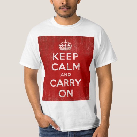 ヴィンテージの深紅の動揺してなKeep Calm and Carry On Tシャツ (正面)