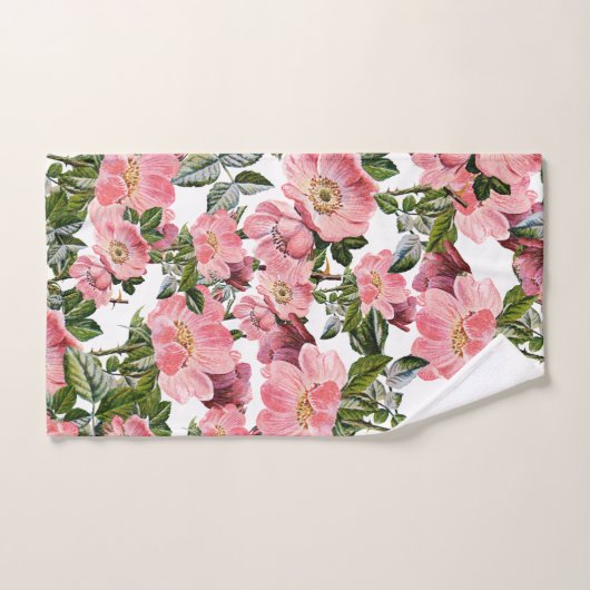 ヴィンテージの深緑色のピンクの珊瑚のボヘミアの花柄 ハンドタオル (ハンドタオル)