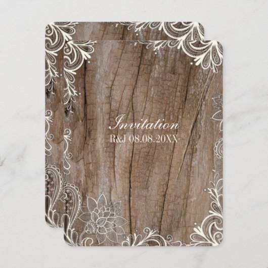 ヴィンテージの渦巻き模様の古材とレースのカントリーウェディング 招待状 (正面/裏面)