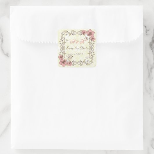 ヴィンテージの渦巻き、ハイビスカス、蝶の日付を保存 スクエアシール (バッグ)