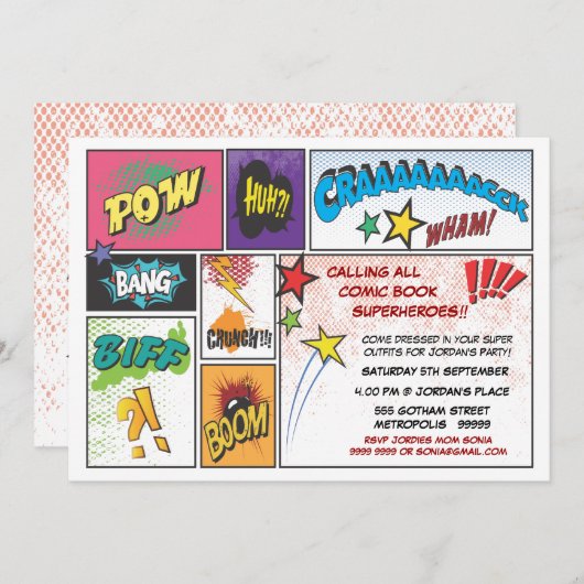 ヴィンテージの漫画本のストリップの英雄のパーティーの招待 招待状 (正面/裏面)