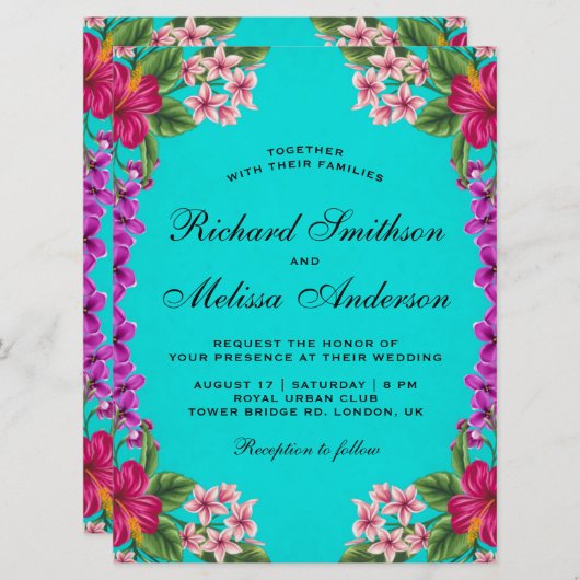 ヴィンテージの熱帯ハイビスカスの花のハワイの結婚式 招待状 (正面/裏面)