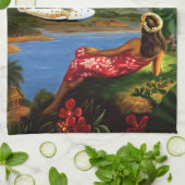 ヴィンテージの熱帯ハワイの水上機のヤシの木 キッチンタオル (折り畳み)