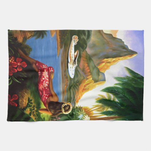 ヴィンテージの熱帯ハワイの水上機のヤシの木 キッチンタオル (横)