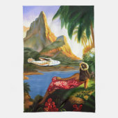 ヴィンテージの熱帯ハワイの水上機のヤシの木 キッチンタオル (縦)