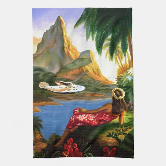 ヴィンテージの熱帯ハワイの水上機のヤシの木 キッチンタオル (縦)