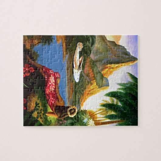 ヴィンテージの熱帯ハワイの水上機のヤシの木 ジグソーパズル (横)