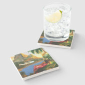 ヴィンテージの熱帯ハワイの水上機のヤシの木 ストーンコースター (横)