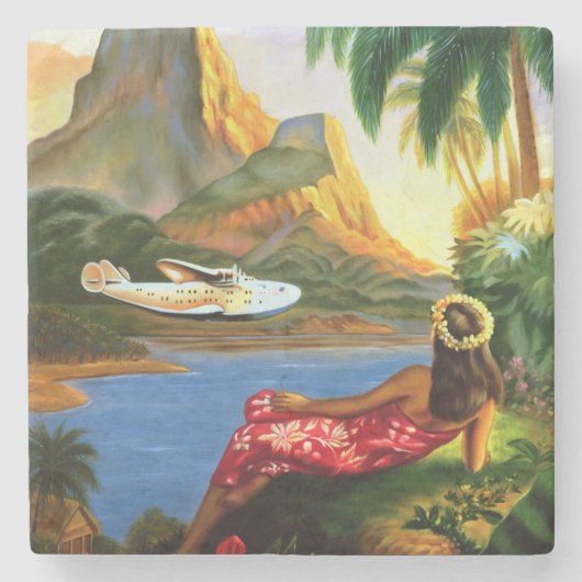 ヴィンテージの熱帯ハワイの水上機のヤシの木 ストーンコースター (正面)