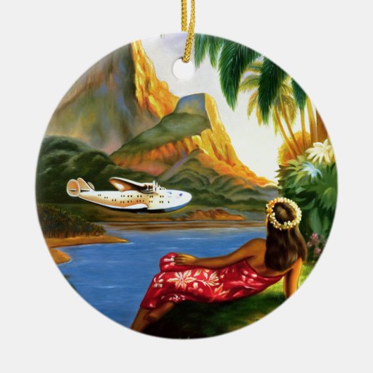ヴィンテージの熱帯ハワイの水上機のヤシの木 セラミックオーナメント (正面)