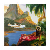 ヴィンテージの熱帯ハワイの水上機のヤシの木 タイル (正面)