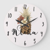 ヴィンテージの熱帯パイナップルハイビスカスの花柄アロハ ラージ壁時計 (正面)
