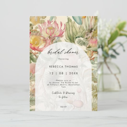 ヴィンテージの熱帯フローラのブライダルシャワー招待 招待状 (スタンド正面)