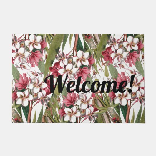 ヴィンテージの熱帯プルメリアの花の歓迎された玄関マット ドアマット (正面)