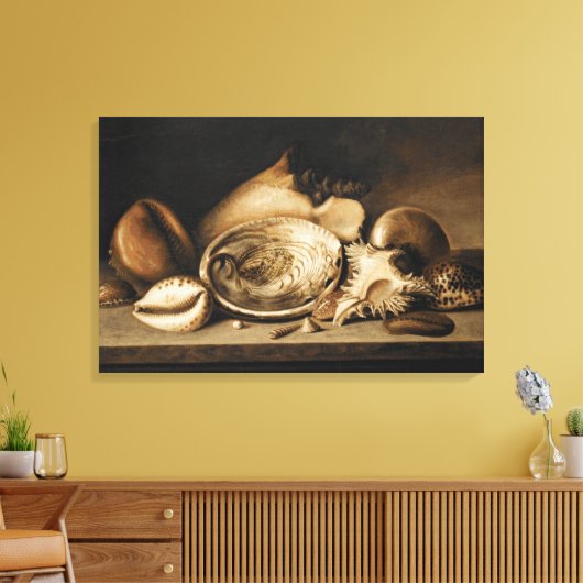 ヴィンテージの熱帯性貝殻が岩棚に並んでいる キャンバスプリント (インサイチュ (リビング))