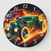 ヴィンテージの熱棒が夕暮れ時に炎の中を駆け抜ける ラージ壁時計 (正面)