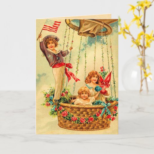 ヴィンテージの熱気の気球のバースデー・カード カード (黄色い花)