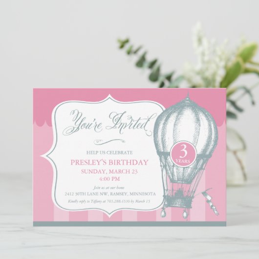 ヴィンテージの熱気の気球の誕生日のパーティの招待状 招待状 (スタンド正面)
