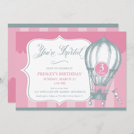 ヴィンテージの熱気の気球の誕生日のパーティの招待状 招待状 (正面/裏面)
