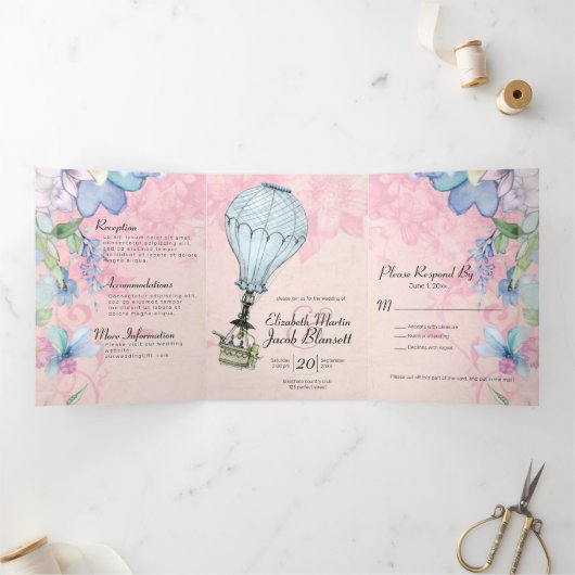 ヴィンテージの熱気球を完備結婚する 三つ折り招待状 (内部)