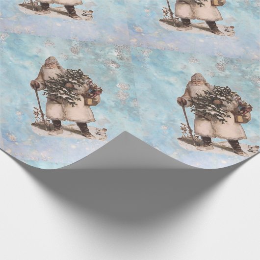 ヴィンテージの父のクリスマスのサンタの銀製の雪の落下 ラッピングペーパー (角)