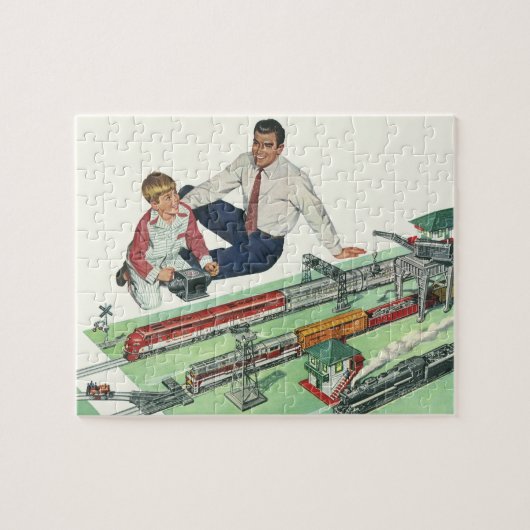 ヴィンテージの父の日、パパと息子と列車 ジグソーパズル (横)