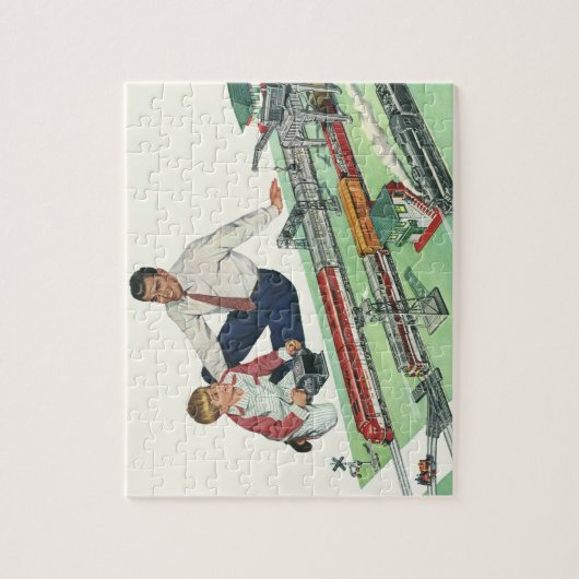 ヴィンテージの父の日、パパと息子と列車 ジグソーパズル (縦)