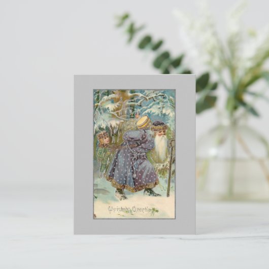 ヴィンテージの父クリスマスの雪の森 ポストカード (スタンド正面)