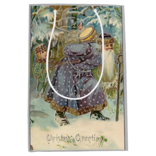 ヴィンテージの父クリスマスの雪の森 ミディアムペーパーバッグ (正面)