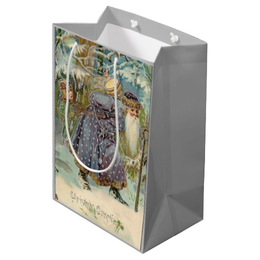 ヴィンテージの父クリスマスの雪の森 ミディアムペーパーバッグ (裏面アングル)