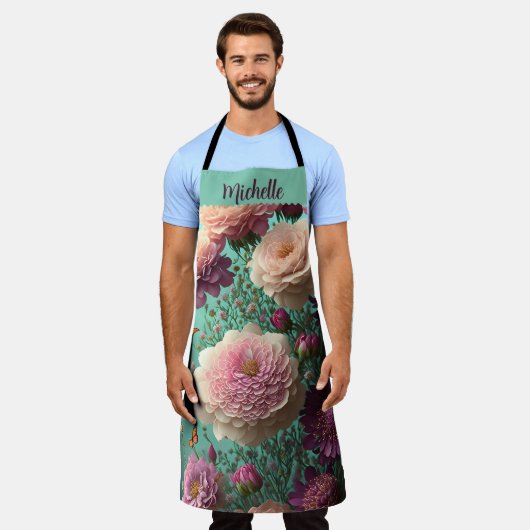 ヴィンテージの牡丹ピンクとブルゴーニュカスタムー エプロン (着用した状態)