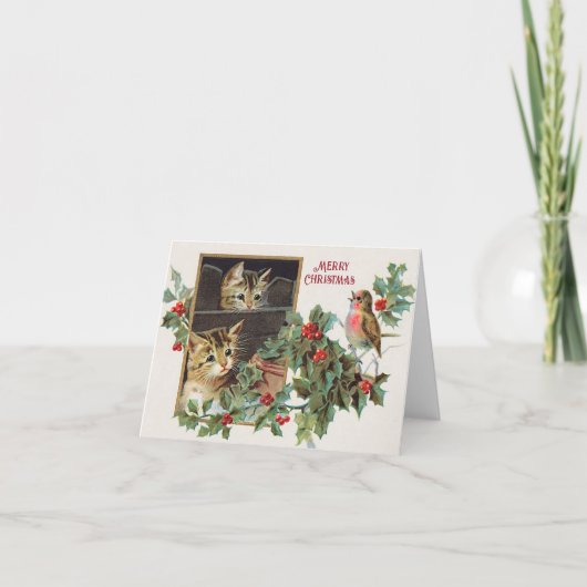 ヴィンテージの猫と鳥のクリスマス シーズンカード (正面)
