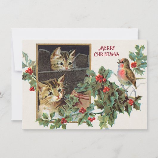 ヴィンテージの猫と鳥のクリスマス シーズンカード (正面)