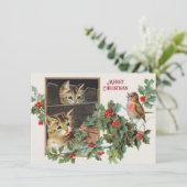 ヴィンテージの猫と鳥のクリスマス シーズンカード (スタンド正面)