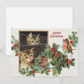 ヴィンテージの猫と鳥のクリスマス シーズンカード (正面/裏面)