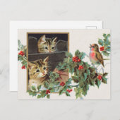 ヴィンテージの猫と鳥のクリスマス シーズンポストカード (正面/裏面)