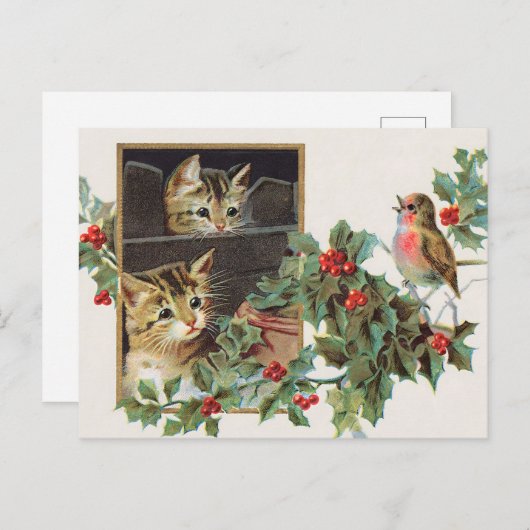 ヴィンテージの猫と鳥のクリスマス シーズンポストカード (正面/裏面)